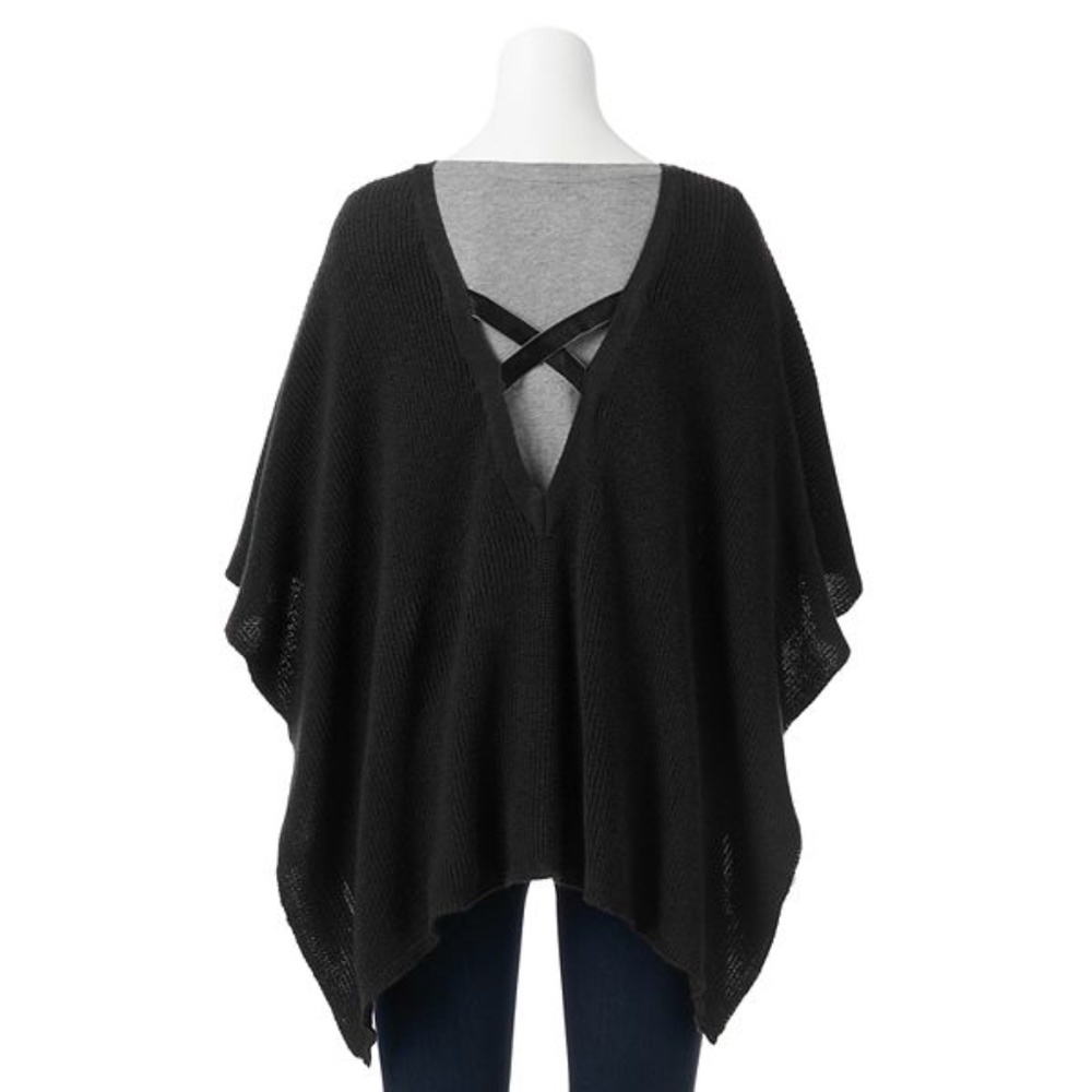 LC LAUREN CONRAD Sweater Wrap Poncho Velvet Crisscross Knit Black One Size